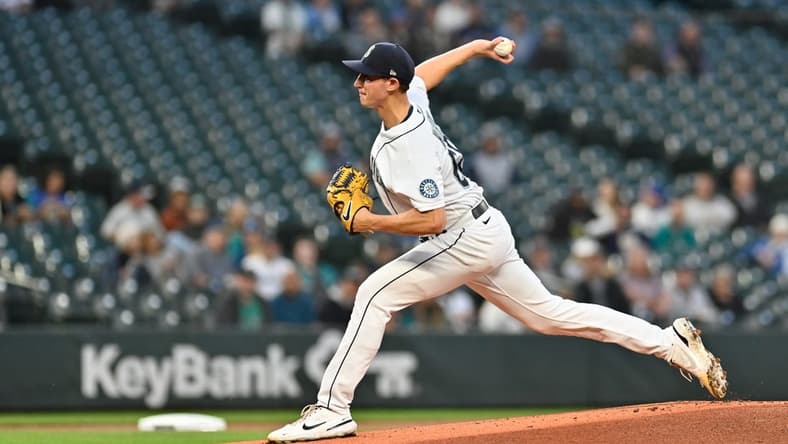 Sep 28, 2022; Seattle, Washington, USA; Seattle Mariners starting pitcher George Kirby (68) pitches to the Texas Rangers during the first inning at T-Mobile Park. Mandatory Credit: Steven Bisig-USA TODAY Sports