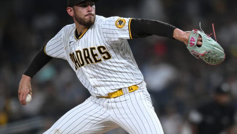 Sep 28, 2022; San Diego, California, USA; San Diego Padres starting pitcher Joe Musgrove (44) throws a pitch against the Los Angeles Dodgers during the first inning at Petco Park. Mandatory Credit: Orlando Ramirez-USA TODAY Sports