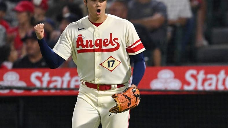 Sep 29, 2022; Anaheim, California, USA; Los Angeles Angels starting pitcher Shohei Ohtani (17) reacts after making a play for the final out of the sixth inning against the Oakland Athletics at Angel Stadium. Mandatory Credit: Jayne Kamin-Oncea-USA TODAY Sports