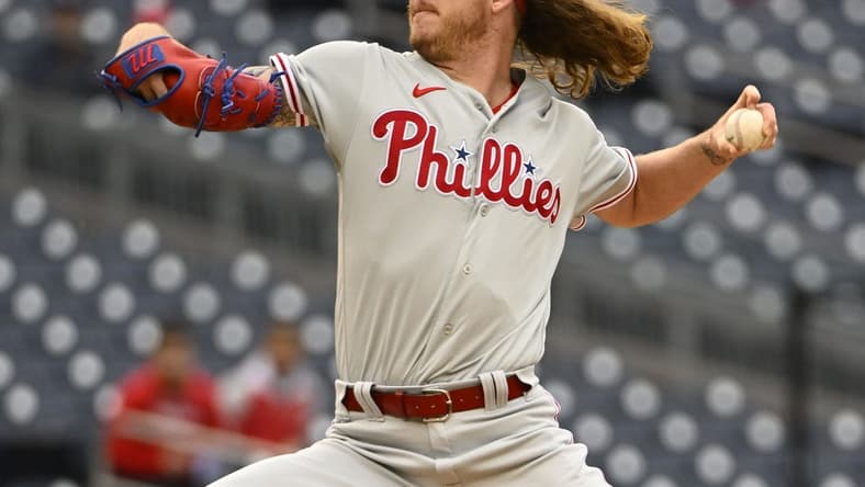 Sep 30, 2022; Washington, District of Columbia, USA; Philadelphia Phillies starting pitcher Bailey Falter (70) throws to the Washington Nationals during the first inning at Nationals Park. Mandatory Credit: Brad Mills-USA TODAY Sports