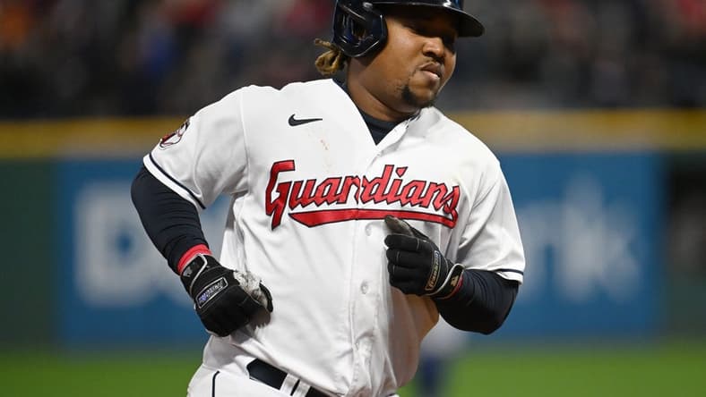 Sep 30, 2022; Cleveland, Ohio, USA; Cleveland Guardians third baseman Jose Ramirez (11) rounds the bases after hitting a home run during the sixth inning against the Kansas City Royals at Progressive Field. Mandatory Credit: Ken Blaze-USA TODAY Sports