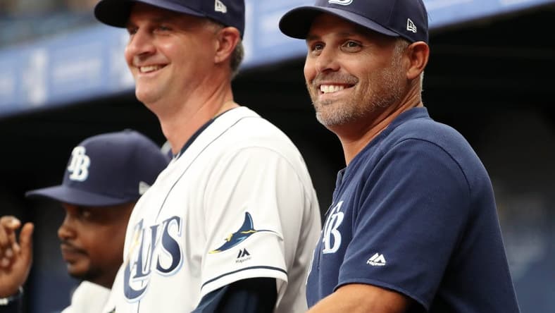 Mar 28, 2019; St. Petersburg, FL, USA; Tampa Bay Rays manager Kevin Cash (16) and bench coach Matt Quatraro (33) during the first inning against the Houston Astros at Tropicana Field. Mandatory Credit: Kim Klement-USA TODAY Sports
