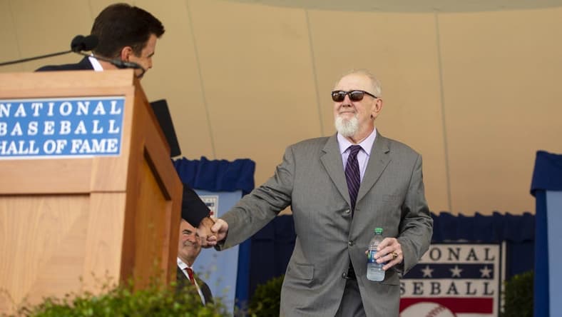 Jul 21, 2019; Cooperstown, NY, USA; Hall of Famer Bruce Sutter is introduced during the 2019 National Baseball Hall of Fame induction ceremony at the Clark Sports Center. Mandatory Credit: Gregory J. Fisher-USA TODAY Sports