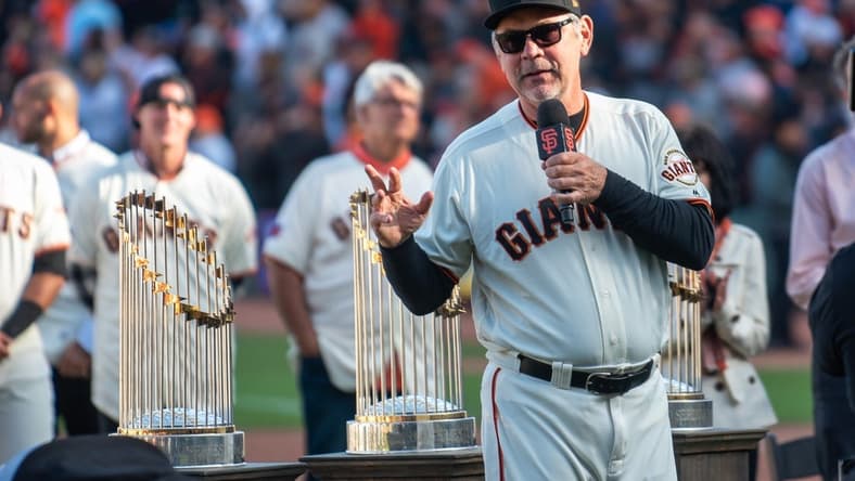 Sep 29, 2019; San Francisco, CA, USA; San Francisco Giants manager Bruce Bochy (15) speaks during a tribute to his time as a Giant after the game against the Los Angeles Dodgers at Oracle Park. Mandatory Credit: Ed Szczepanski-USA TODAY Sports
