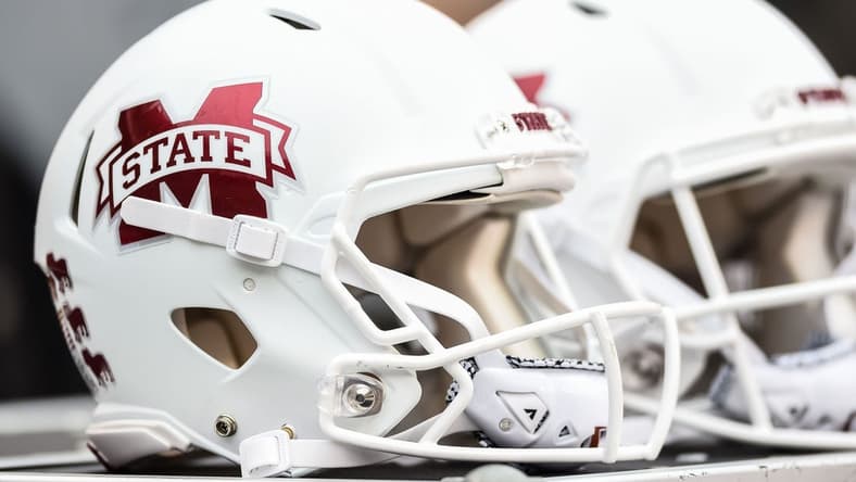 Oct 12, 2019; Knoxville, TN, USA; Mississippi State Bulldogs helmets on the sideline of a game against the Tennessee Volunteers at Neyland Stadium. Mandatory Credit: Bryan Lynn-USA TODAY Sports