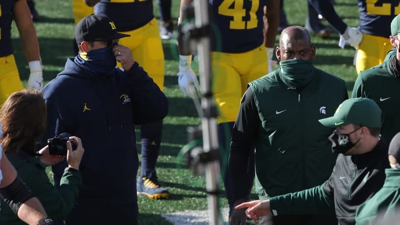 Michigan Wolverines coach Jim Harbaugh and Michigan State Spartans coach Mel Tucker walk off the field after MSU's 27-24 win at Michigan Stadium in Ann Arbor, Saturday, Oct. 31, 2020.
Mel Tucker, Jim Harbaugh