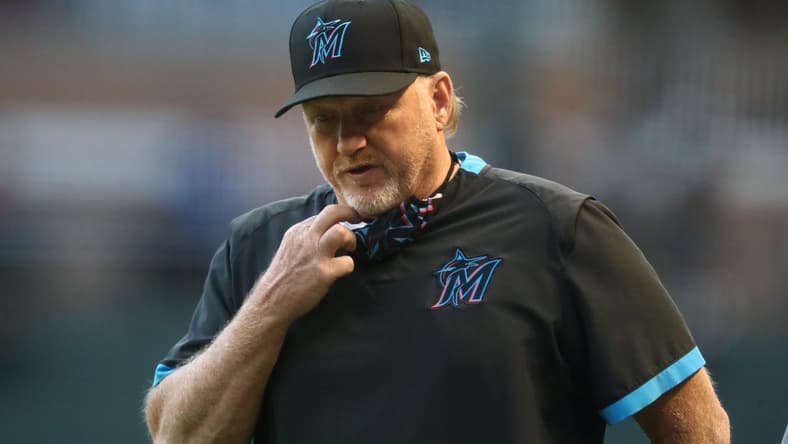 May 11, 2021; Phoenix, Arizona, USA; Miami Marlins pitching coach Mel Stottlemyre against the Arizona Diamondbacks at Chase Field. Mandatory Credit: Mark J. Rebilas-USA TODAY Sports