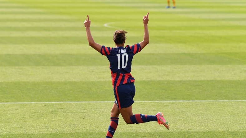 Jul 5, 2021; East Hartford, Connecticut, USA;  The United States forward Carli Lloyd (10) celebrates her goal against the Mexico during the first half during a USWNT Send-off Series soccer match at Pratt & Whitney Stadium. Mandatory Credit: Dennis Schneidler-USA TODAY Sports