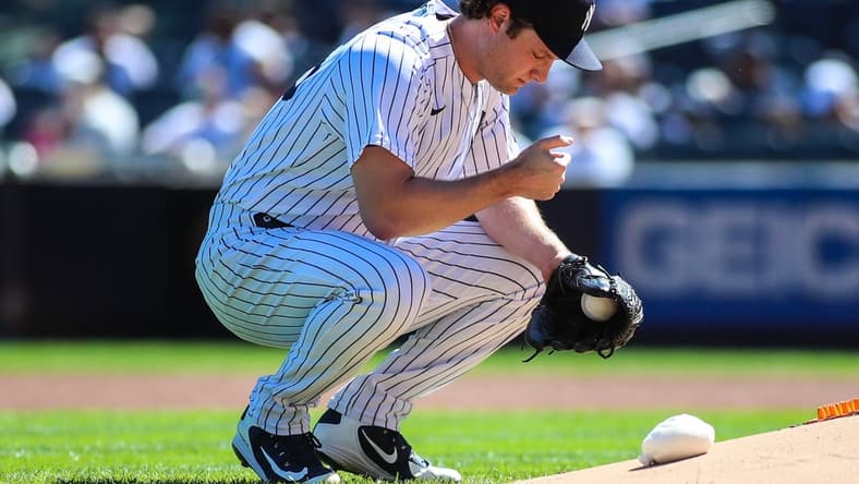 Sep 19, 2021; Bronx, New York, USA; New York Yankees pitcher Gerrit Cole (45) at Yankee Stadium. Mandatory Credit: Wendell Cruz-USA TODAY Sports