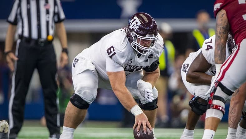 Sep 25, 2021; Arlington, Texas, USA; Texas A&M Aggies offensive lineman Bryce Foster (61) in action during the game between the Arkansas Razorbacks and the Texas A&M Aggies at AT&T Stadium. Mandatory Credit: Jerome Miron-USA TODAY Sports