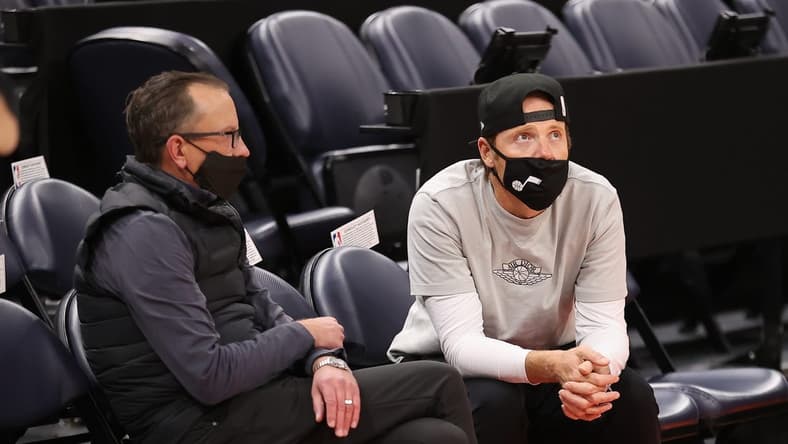 Dec 25, 2021; Salt Lake City, Utah, USA; Utah Jazz general manager Justin Zanik (left) and Jazz owner Ryan Smith (right) watch warm ups prior to a game against the Dallas Mavericks at Vivint Arena. Mandatory Credit: Rob Gray-USA TODAY Sports