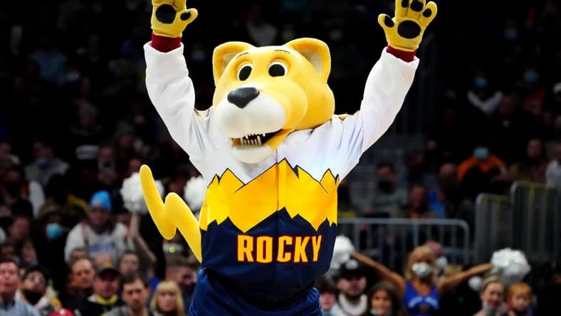 Feb 4, 2022; Denver, Colorado, USA; Denver Nuggets mascot Rocky performs in the second half against the New Orleans Pelicans at Ball Arena. Mandatory Credit: Ron Chenoy-USA TODAY Sports