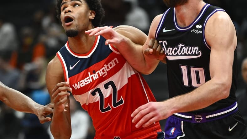 Feb 12, 2022; Washington, District of Columbia, USA; Washington Wizards center Vernon Carey Jr. (22) blocks out against the Sacramento Kings during the second half at Capital One Arena. Mandatory Credit: Brad Mills-USA TODAY Sports