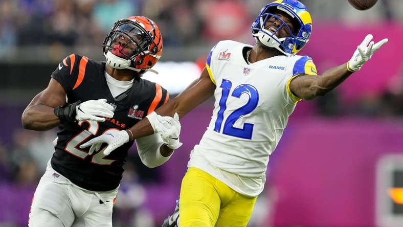 Los Angeles Rams wide receiver Van Jefferson (12) is unable to reach a pass as Cincinnati Bengals cornerback Chidobe Awuzie (22) defends in the second quarter during Super Bowl 56, Sunday, Feb. 13, 2022, at SoFi Stadium in Inglewood, Calif. The Cincinnati Bengals lost, 23-20.
Nfl Super Bowl 56 Los Angeles Rams Vs Cincinnati Bengals Feb 13 2022 1505
