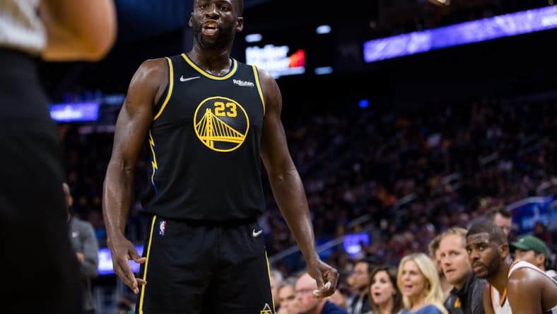Mar 30, 2022; San Francisco, California, USA; Golden State Warriors forward Draymond Green (23) reacts during the first half against the Phoenix Suns at Chase Center. Mandatory Credit: John Hefti-USA TODAY Sports
