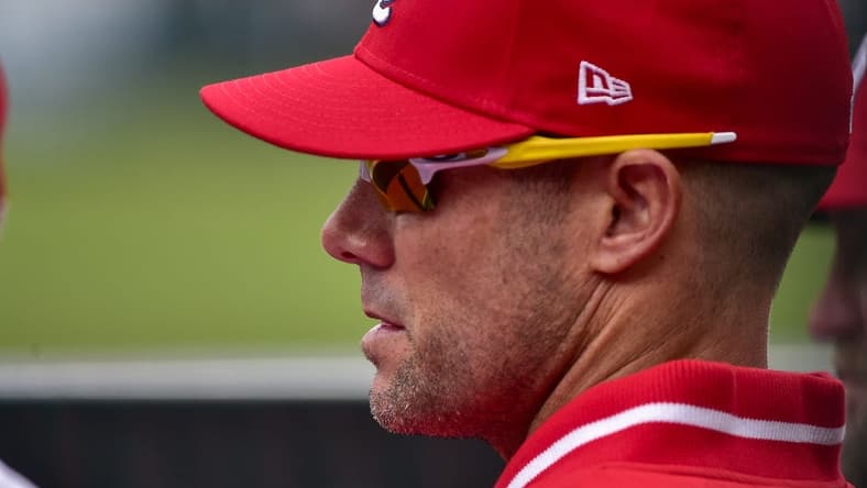 Apr 7, 2022; St. Louis, Missouri, USA; St. Louis Cardinals bench coach Skip Schumaker (55) looks on from the dugout during the sixth inning of Opening Day against the Pittsburgh Pirates at Busch Stadium. Mandatory Credit: Jeff Curry-USA TODAY Sports