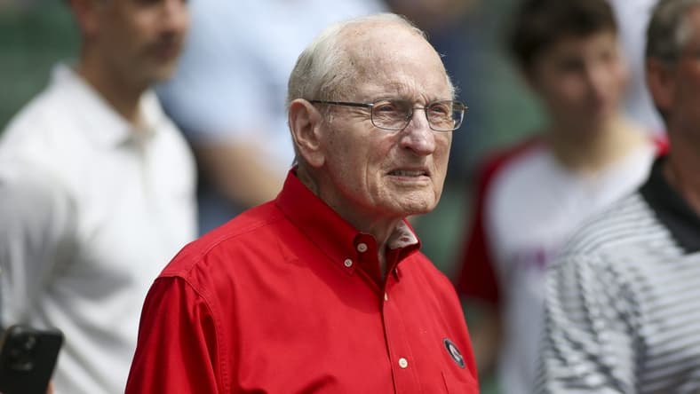 Apr 13, 2022; Atlanta, Georgia, USA; Former Georgia Bulldogs head coach Vince Dooley before a game between the Atlanta Braves and Washington Nationals at Truist Park. Mandatory Credit: Brett Davis-USA TODAY Sports