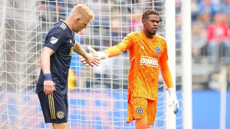 Apr 23, 2022; Chester, Pennsylvania, USA;  Philadelphia Union goalkeeper Andre Blake (18) and Philadelphia Union defender Jakob Glesnes (5) react to a play against CF Montr  al during the second half at Subaru Park. Mandatory Credit: Mitchell Leff-USA TODAY Sports