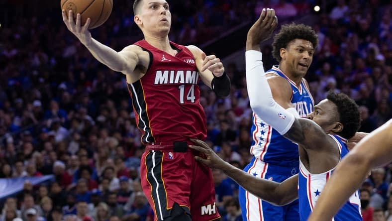 May 12, 2022; Philadelphia, Pennsylvania, USA; Miami Heat guard Tyler Herro (14) drives for a shot against the Philadelphia 76ers during the first quarter in game six of the second round of the 2022 NBA playoffs at Wells Fargo Center. Mandatory Credit: Bill Streicher-USA TODAY Sports