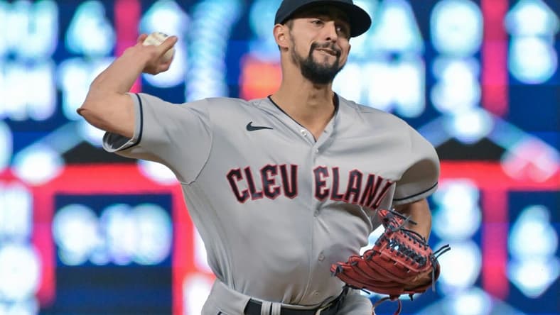 May 14, 2022; Minneapolis, Minnesota, USA; Cleveland Guardians relief pitcher Nick Sandlin (52) throws a pitch against the Minnesota Twins during the ninth inning at Target Field. Mandatory Credit: Jeffrey Becker-USA TODAY Sports