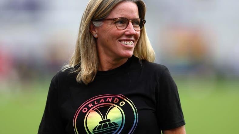 May 27, 2022; Orlando, Florida, USA;  Orlando Pride head coach Amanda Cromwell before the game against the Washington Spirit at Exploria Stadium. Mandatory Credit: Nathan Ray Seebeck-USA TODAY Sports