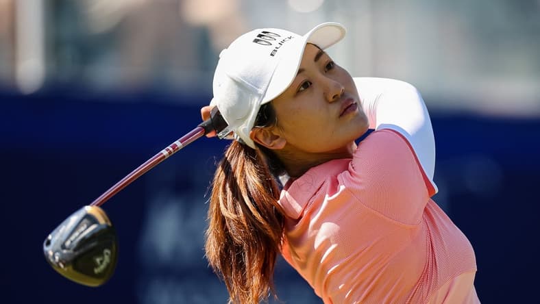 Jun 25, 2022; Bethesda, Maryland, USA; Xiyu Lin plays her shot from the first tee during the third round of the KPMG Women's PGA Championship golf tournament at Congressional Country Club. Mandatory Credit: Scott Taetsch-USA TODAY Sports