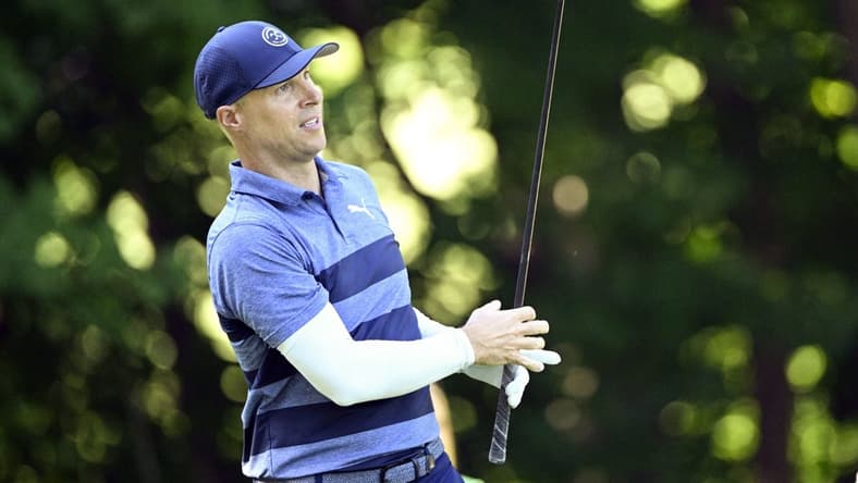 Jun 30, 2022; Silvis, Illinois, USA; Ben Crane of Portland Oregon hits his tee shot on the sixth hole during the first round of the John Deere Classic golf tournament. Mandatory Credit: Marc Lebryk-USA TODAY Sports
