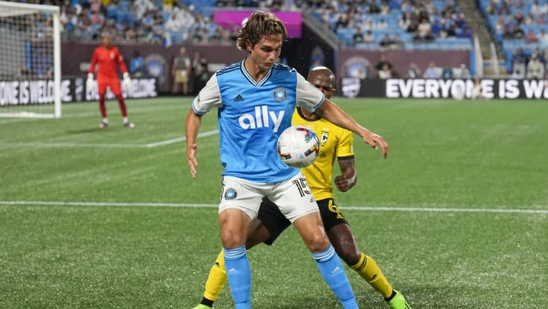 Jul 30, 2022; Charlotte, North Carolina, USA; Charlotte FC midfielder Benjamin Bender (15) controls the ball against Columbus Crew midfielder Darlington Nagbe (6) during the first half at Bank of America Stadium. Mandatory Credit: Jim Dedmon-USA TODAY Sports