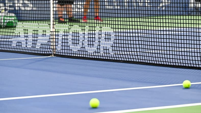 Aug 8, 2022; Montreal, Quebec, Canada; View of an ATP Tour logo on a net on central court before first round play at IGA Stadium. Mandatory Credit: David Kirouac-USA TODAY Sports