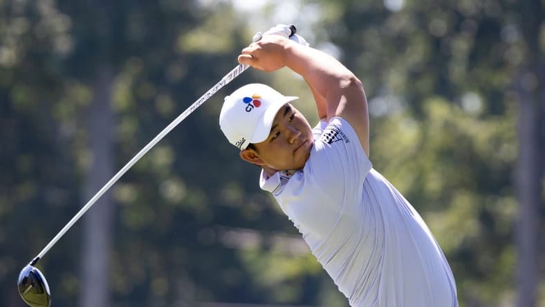 Aug 18, 2022; Wilmington, Delaware, USA; Joohyung Kim plays his shot from the third tee during the first round of the BMW Championship golf tournament. Mandatory Credit: Bill Streicher-USA TODAY Sports