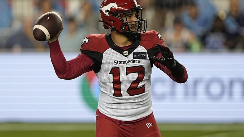 Aug 20, 2022; Toronto, Ontario, CAN; Calgary Stampeders quarterback Jake Maier (12) throws against the Toronto Argonauts during the second half at BMO Field. Mandatory Credit: John E. Sokolowski-USA TODAY Sports