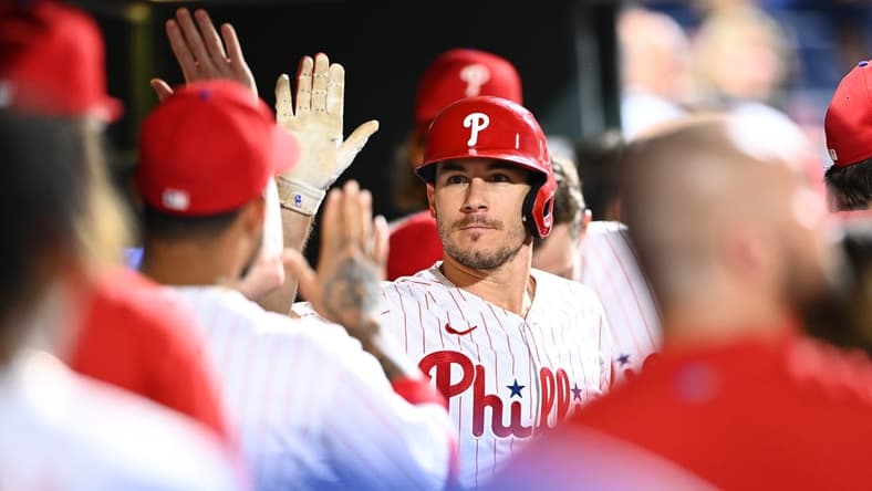 Aug 24, 2022; Philadelphia, Pennsylvania, USA; Philadelphia Phillies catcher JT Realmuto (10) celebrates after hitting a home run against the Cincinnati Reds in the third inning at Citizens Bank Park. Mandatory Credit: Kyle Ross-USA TODAY Sports