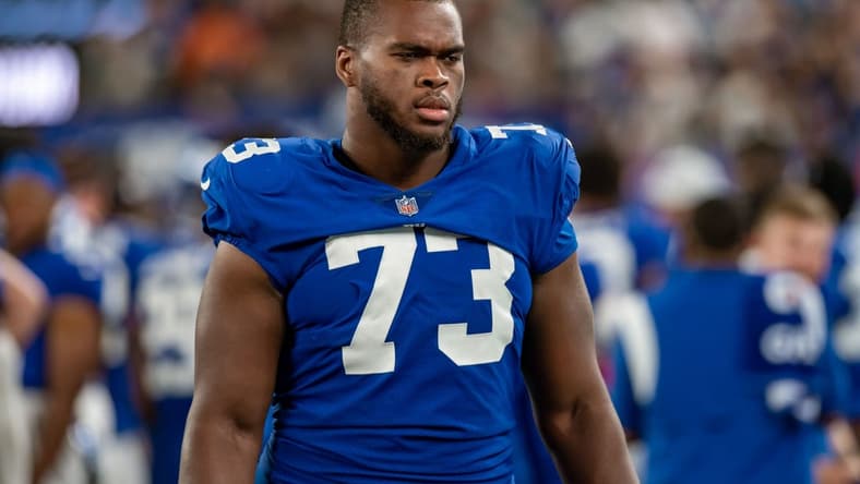 Aug 21, 2022; East Rutherford, New Jersey, USA; New York Giants offensive lineman Evan Neal (73) during the second half against the Cincinnati Bengals at MetLife Stadium. Mandatory Credit: John Jones-USA TODAY Sports