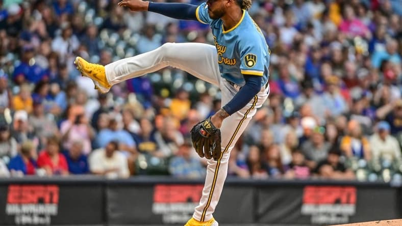 Aug 26, 2022; Milwaukee, Wisconsin, USA; Milwaukee Brewers pitcher Freddy Peralta (51) throws a pitch in the first inning against the Chicago Cubs at American Family Field. Mandatory Credit: Benny Sieu-USA TODAY Sports