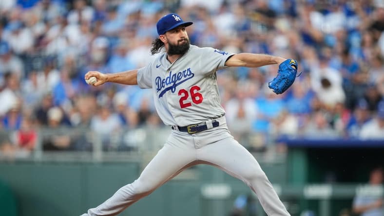 Aug 12, 2022; Kansas City, Missouri, USA; Los Angeles Dodgers starting pitcher Tony Gonsolin (26) pitches against the Kansas City Royals during the first inning at Kauffman Stadium. Mandatory Credit: Jay Biggerstaff-USA TODAY Sports