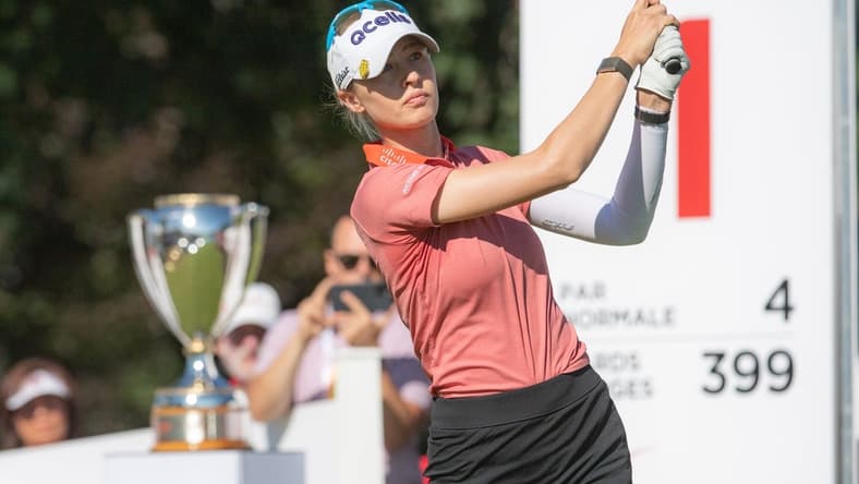 Nelly Korda from the United States tees off from the 1st hole during the final round of the CP Women's Open golf tournament.