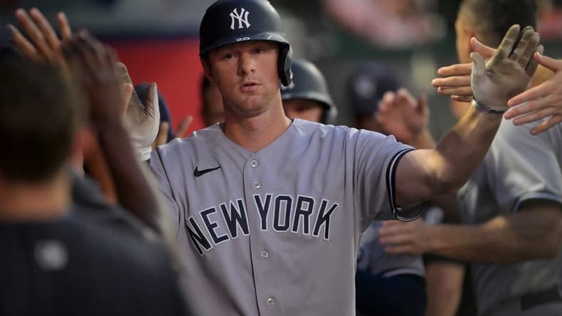Aug 29, 2022; Anaheim, California, USA;  New York Yankees third baseman DJ LeMahieu (26) is greeted in the dugout after a sacrifice bunt scored a run in the fourth inning against the Los Angeles Angels at Angel Stadium. Mandatory Credit: Jayne Kamin-Oncea-USA TODAY Sports