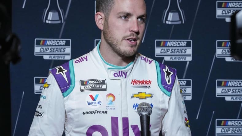 Sep 1, 2022; Charlotte, NC, USA; NASCAR Cup Series driver Alex Bowman (48) talks with the media during the NASCAR Cup Series Playoff Media Day at Charlotte Convention Center. Mandatory Credit: Jim Dedmon-USA TODAY Sports