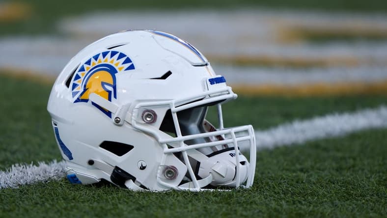 Sep 1, 2022; San Jose, California, USA; General view of the San Jose State Spartans helmet before the start of the game against the Portland State Vikings at CEFCU Stadium. Mandatory Credit: Stan Szeto-USA TODAY Sports
