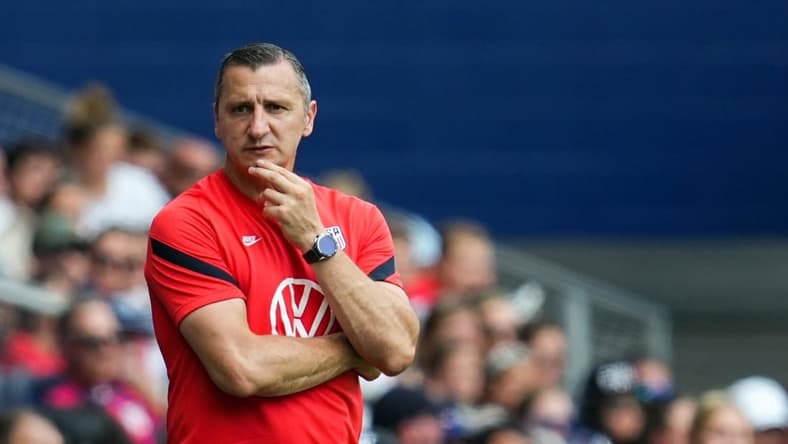 Sep 3, 2022; Kansas City, Kansas, USA; United States head coach Vlatko Andonovski watches the action during the first half against Nigeria at Children s Mercy Park. Mandatory Credit: Jay Biggerstaff-USA TODAY Sports