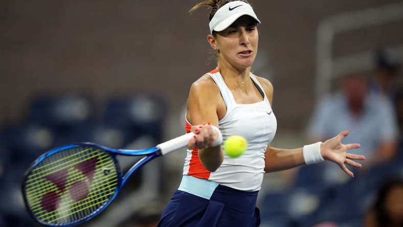Sep 3, 2022; Flushing, NY, USA; Belinda Bencic of Switzerland hits to Karolina Pliskova of Czech Republic on day six of the 2022 U.S. Open tennis tournament at USTA Billie Jean King Tennis Center. Mandatory Credit: Danielle Parhizkaran-USA TODAY Sports