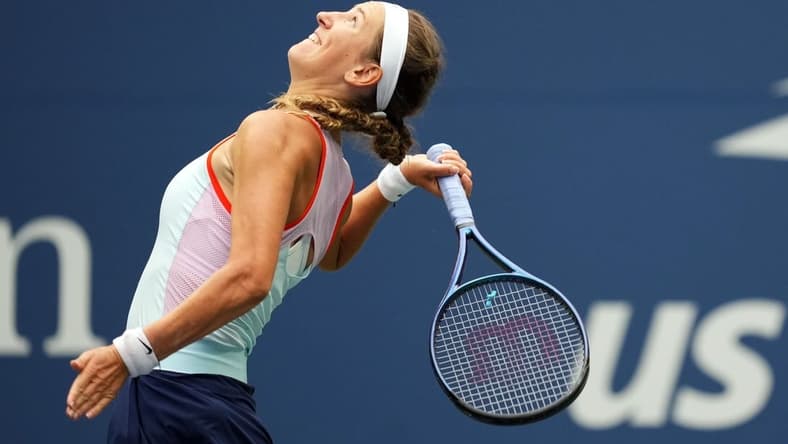 Sep 5, 2022; Flushing, NY, USA; Victoria Azarenka serves to Karolina Pliskova of Czech Republic on day eight of the 2022 U.S. Open tennis tournament at USTA Billie Jean King Tennis Center. Mandatory Credit: Danielle Parhizkaran-USA TODAY Sports