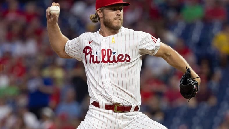 Sep 9, 2022; Philadelphia, Pennsylvania, USA; Philadelphia Phillies starting pitcher Noah Syndergaard (43) throws a pitch during the second inning against the Washington Nationals at Citizens Bank Park. Mandatory Credit: Bill Streicher-USA TODAY Sports