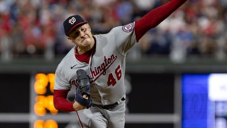 Sep 9, 2022; Philadelphia, Pennsylvania, USA; Washington Nationals starting pitcher Patrick Corbin (46) throws a pitch during the fourth inning against the Philadelphia Phillies at Citizens Bank Park. Mandatory Credit: Bill Streicher-USA TODAY Sports