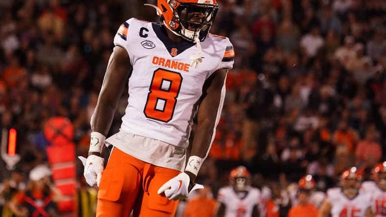 Sep 10, 2022; East Hartford, Connecticut, USA; Syracuse Orange defensive back Garrett Williams (8) reacts after a play against the Connecticut Huskies in the first quarter at Rentschler Field at Pratt & Whitney Stadium. Mandatory Credit: David Butler II-USA TODAY Sports