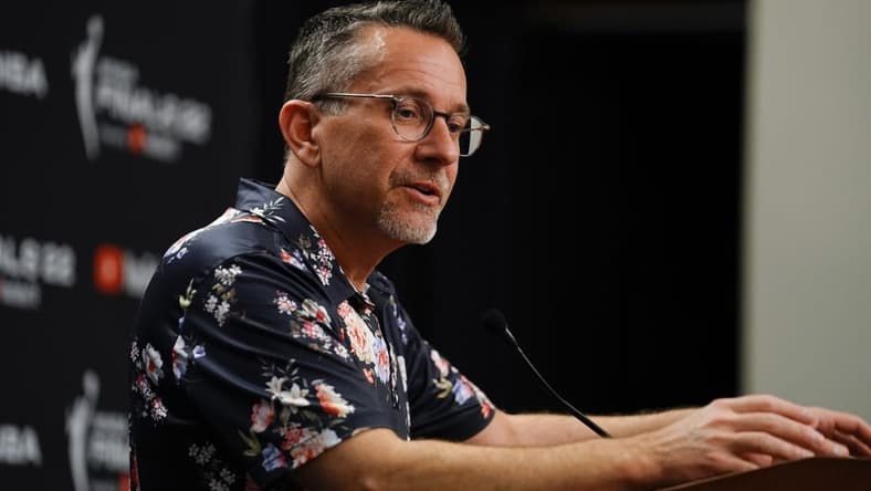Sep 11, 2022; Las Vegas, Nevada, USA; Connecticut Sun head coach Curt Miller answers questions to the media prior to game one of the 2022 WNBA Finals at Michelob Ultra Arena. Mandatory Credit: Lucas Peltier-USA TODAY Sports