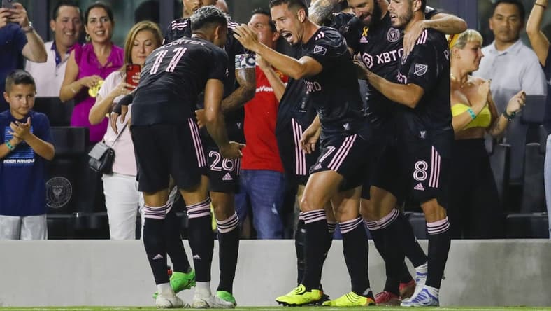 Sep 13, 2022; Fort Lauderdale, Florida, USA; Inter Miami CF forward Gonzalo Higuain (10) celebrates with teammates after scoring during the first half against Columbus Crew at DRV PNK Stadium. Mandatory Credit: Sam Navarro-USA TODAY Sports