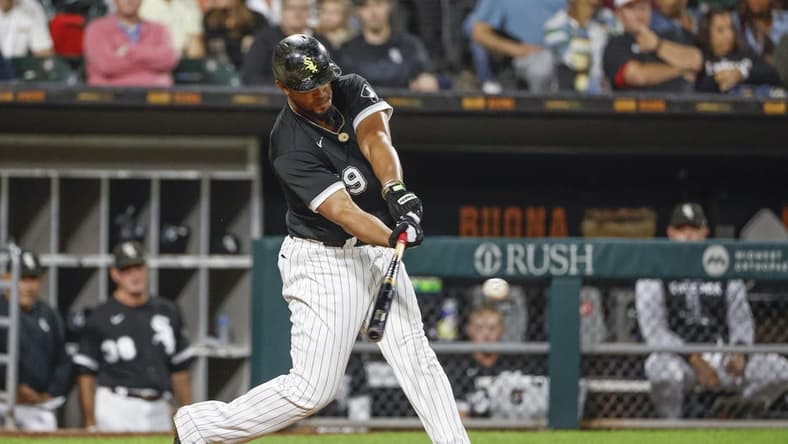 Sep 13, 2022; Chicago, Illinois, USA; Chicago White Sox first baseman Jose Abreu (79) singles against the Colorado Rockies during the sixth inning at Guaranteed Rate Field. Mandatory Credit: Kamil Krzaczynski-USA TODAY Sports