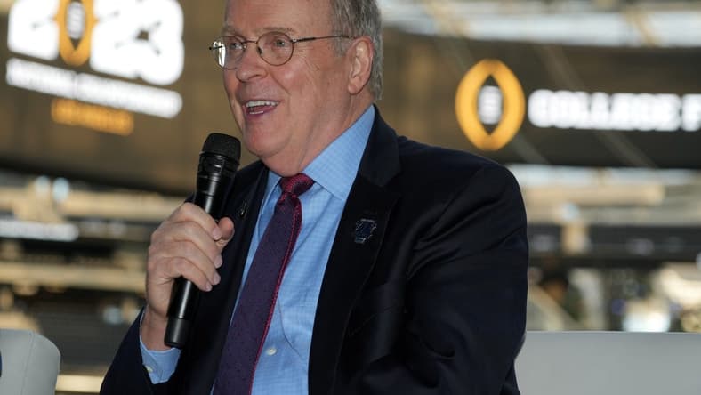 Sep 14, 2022; Inglewood, California, US; College Football Playoff executive director Bill Hancock attends the Jimmy Kimmel LA Bowl Kickoff event at SoFi Stadium. Mandatory Credit: Kirby Lee-USA TODAY Sports