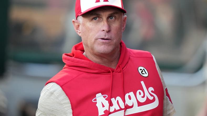 Sep 16, 2022; Anaheim, California, USA; Los Angeles Angels interim manager Phil Nevin reacts during the game against the Seattle Mariners at Angel Stadium. Mandatory Credit: Kirby Lee-USA TODAY Sports
